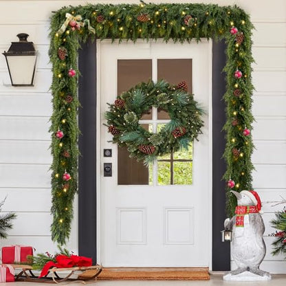 9FT Christmas Garland with Lights - 2 Pack Real Touch Cedar Wreath