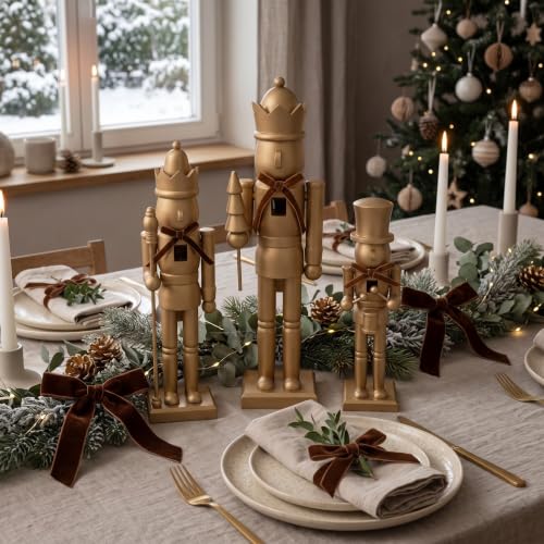 Christmas Nutcracker Figures Set - Gold Wooden Holiday Decor, 10-15 Inches