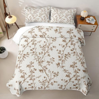 King Size Floral Quilt Set Beige Brown Boho Bedspread Coverlet - Erosebridal