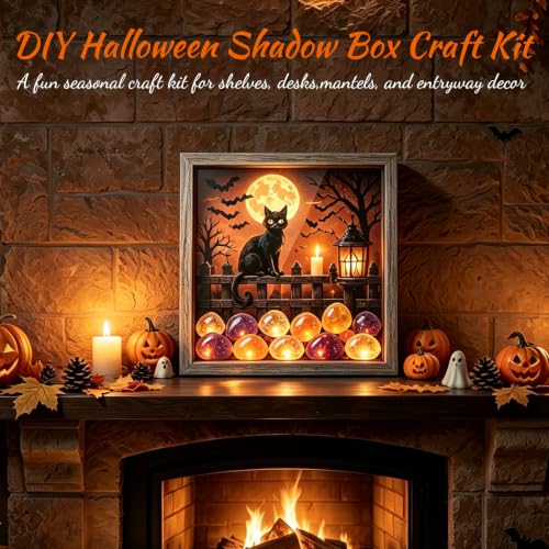 Lighted Shadow Box Frame DIY Craft Kit with LED, Rustic Wood, Sea Stones, Black Cat Halloween Decor