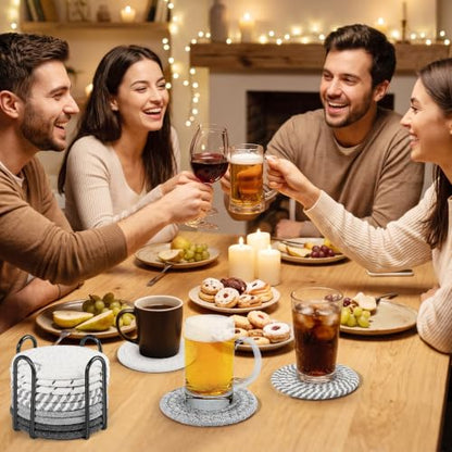 10-Pack Cotton Linen Coasters with Holder, Absorbent Drink Coasters for Kitchen & Bar