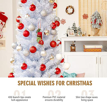 7Ft Slim Artificial Christmas Tree with 436 Tips, White, Hinged Design & Metal Stand