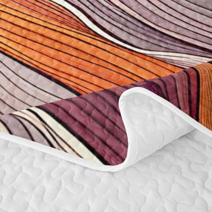 Geometrical Abstract Waves Quilt Set Queen Size - Orange Grey Red | Bohemian Lines Coverlet