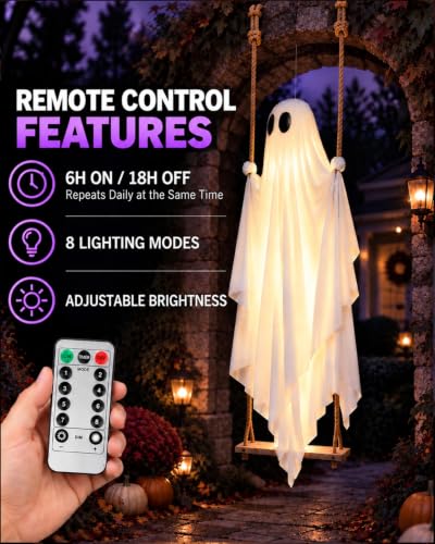 Halloween Outdoor Decorations Large 4.5 FT Hanging Swinging Ghost with Lights & Remote