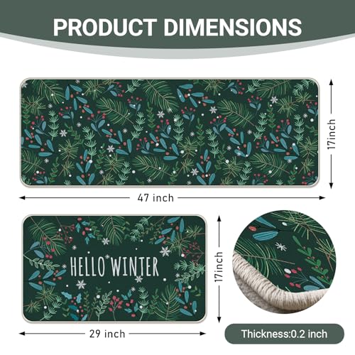 Hello Winter Green Kitchen Rugs Set of 2 - Botanical Pine Needle, Non-Slip Decor