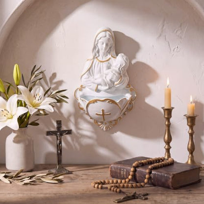 Wall Virgin and Child Holy Water Font for Religious Home Decor