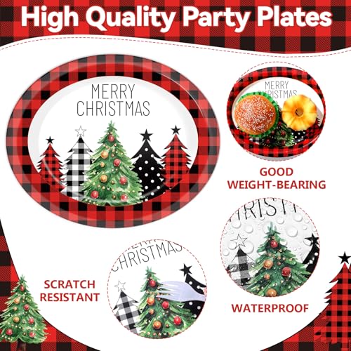 Christmas Buffalo Plaid Tree Paper Plates & Napkins Set - 25 11-Inch Red Black Checkered Party Supplies