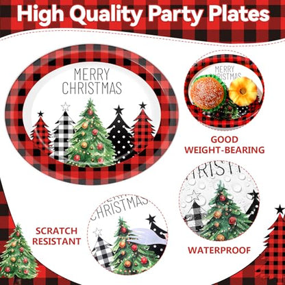 Christmas Buffalo Plaid Tree Paper Plates & Napkins Set - 25 11-Inch Red Black Checkered Party Supplies