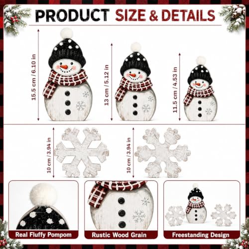 Snowman Christmas Table Decor Set - 5 Pcs Wooden Holiday Figurines with Snowflakes - Black, White, Red / Sweet Variation