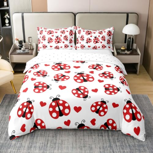 Red Ladybug Twin Bedding Set - Cotton Duvet Cover & Pillowcase, Girl Kids Room Decor