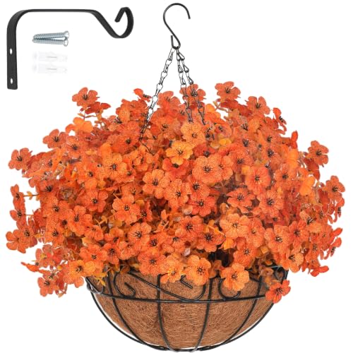 Artificial Fall Orange Mums Flowers Planter Hanging Basket for Outdoors - Fall Orange