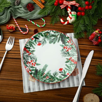 Christmas Green Dinner Plates Set of 4 with Winter Leaves Pattern