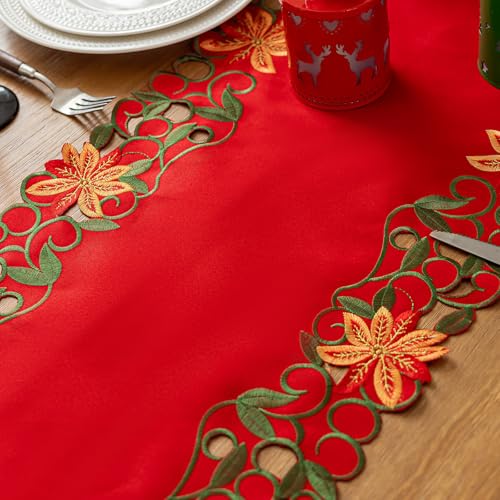 Christmas Red Flowers Table Runner 14 x 86 Inch Embroidered Holiday Decor - Variation of THIS listing