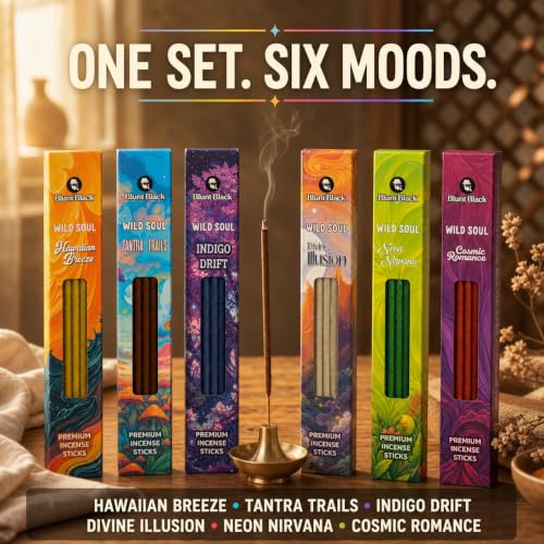 Long Burning Incense Sticks Pack for Meditation & Aromatherapy - 6 Fragrances, 16 Inch