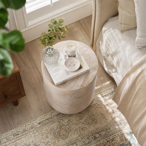 Ivory 18-Inch Round Side Table - Travertine-Style Cement Drum Accent