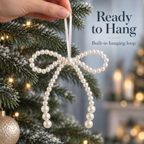 6 Pack White Pearl Bow Christmas Tree Ornaments - 4.7 Inch Holiday Decor