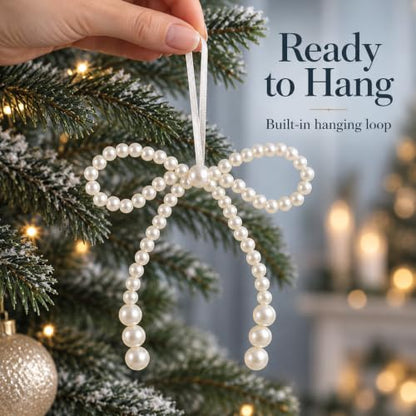 6 Pack White Pearl Bow Christmas Tree Ornaments - 4.7 Inch Holiday Decor