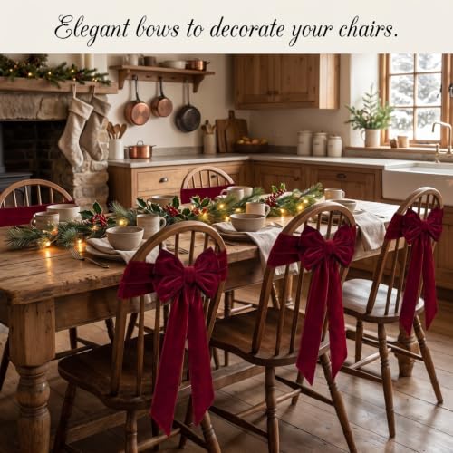 Christmas Velvet Chair Bows Sashes Set - Burgundy, Stylish, 6 Pieces