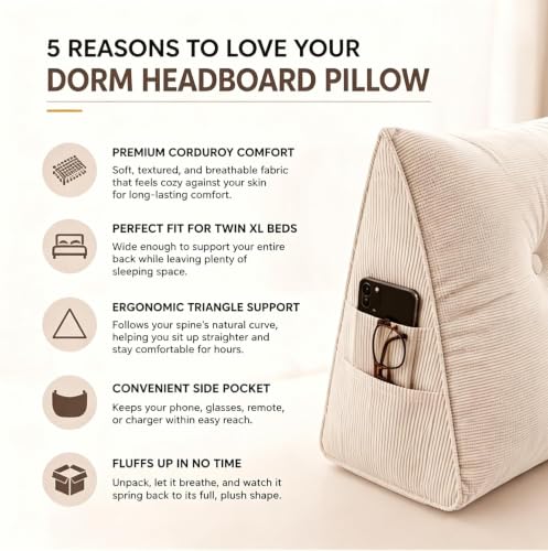 Twin XL Dorm Headboard Pillow Wedge Cushion - Back Support & Bolster