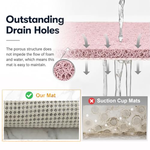 Pink Non Slip Shower Mat 24x24 Inch Square Loofah Bathmat with Drain Hole