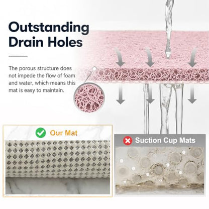 Pink Non Slip Shower Mat 24x24 Inch Square Loofah Bathmat with Drain Hole