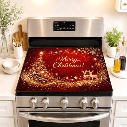 Christmas Stove Cover - Merry Christmas! Red Glitter Reindeer & Tree Decor, Heat Resistant Non-Slip 28x20in