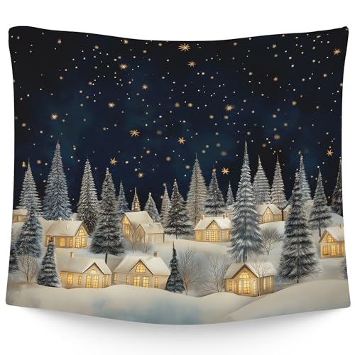 Vintage Christmas Winter Village Tapestry Wall Hanging - Rustic Snow Scene, 50x60 Inches - Winter Country Variation