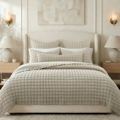 Taupe Reversible Cotton Quilt Set - King/Cal King with 2 Shams - Textured Grid Pattern