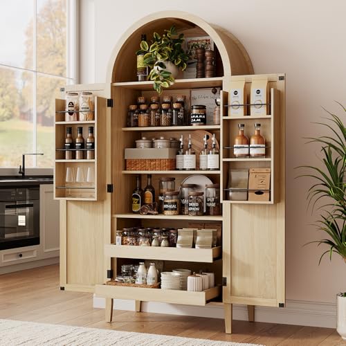 Tall Kitchen Pantry Cabinet with Arched Top and 2 Pull-Out Shelves - Oak