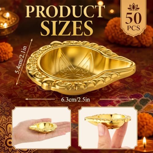 50 Pcs Brass Diya Oil Lamps for Pooja Diwali Decor Lotus Design - Reusable