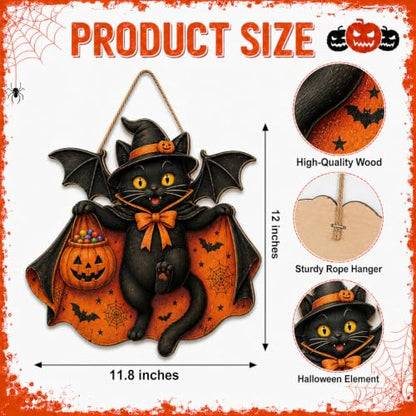 Halloween Black Cat Door Sign with Bat Pumpkin Wreath Wood Decor
