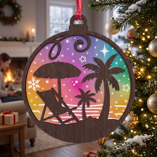 Beach Palm Christmas Ornament - Coastal Holiday Tree Decor, 4 Inch Plywood & Frosted Acrylic