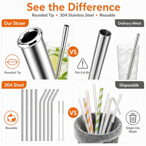 Reusable Metal Drinking Straws Set for 20 & 30 oz Tumblers with Cleaning Brushes