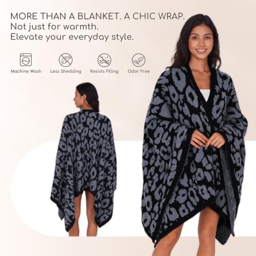 WDCOZY Wearable Blanket Poncho - Warm Soft Adults Cape Black Leopard