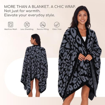 WDCOZY Wearable Blanket Poncho - Warm Soft Adults Cape Black Leopard