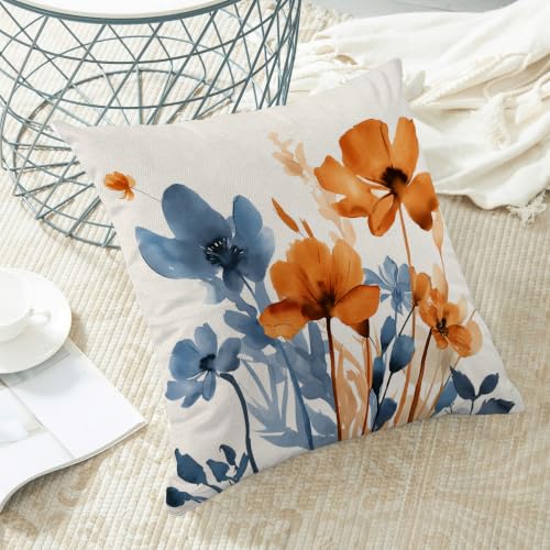 AEIOAE Blue and Orange Floral Pillowcase Set of 2 - 18 x 18 Inches, Linen Blend, Double-Sided Print, Hidden Zipper, Spring Bedroom Decor
