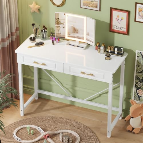 Vanity Desk with Mirror & Lights, White 40" W/ Wooden Drawers