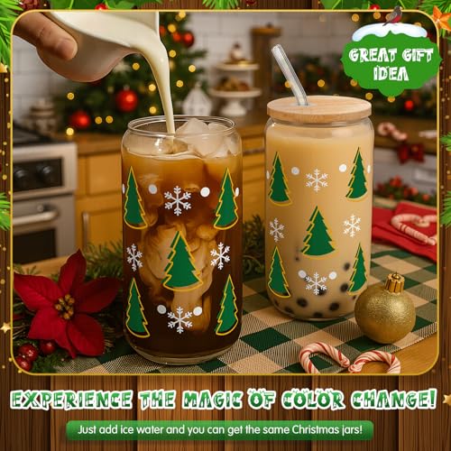 FillTouch 4 Pack Christmas Color Changing Glass Cups 16 oz with Lids & Straws - Variation 4