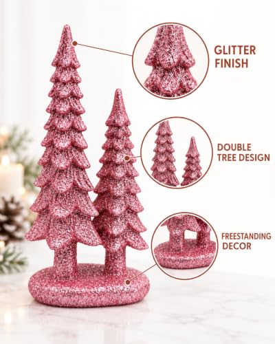 Pink Mini Christmas Tree Figurine Duo - 7-Inch Resin Tabletop Decor - Small