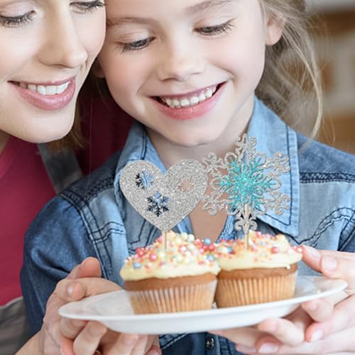 Winter Snowflake Cupcake Toppers Glitter Heart Design 9 - 24 Pack