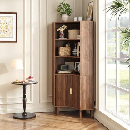 Tall Corner Cabinet with Fluted Doors - Walnut Oak-1 5-Tier Storage
