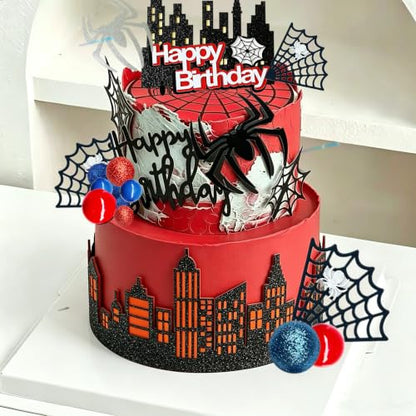 46Pcs Spider Cake Toppers Set - Black Red Silver Yellow City Theme Decorations