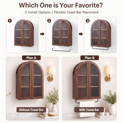 23.6-Inch Walnut Arched Bathroom Wall Cabinet with Towel Bar & Adjustable Shelf