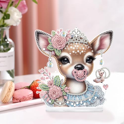 DIY Diamond Painting Deer Ornament Kit with Pink Rose Crown - Tabletop Decor