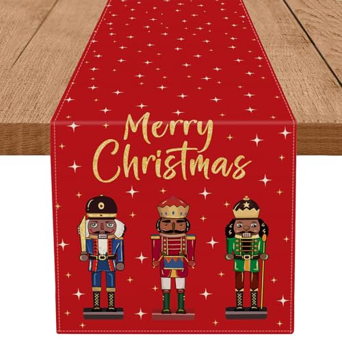 Christmas Table Runner Red Burlap Nutcracker Stars 13x36 Inch Seasonal Decor