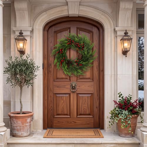24 Inch Christmas Wreath with Pine Cones and Red Berries for Front Door