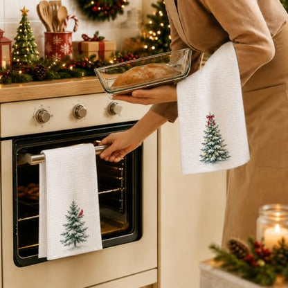 Christmas Tree Red Cardinal Kitchen Dish & Hand Towels Set of 2 - 16x24 Inches