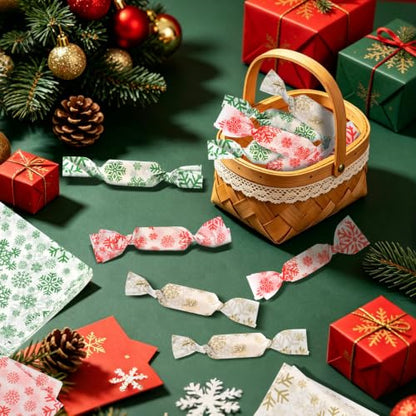 300Pcs Christmas Candy Wrappers - Festive Wax Paper for Homemade Treats - 4.92 x 3.54 inches - Red, Green, Gold - Variation of 300
