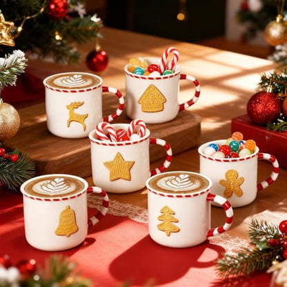 Christmas Gingerbread House Mug Set - 6 Pack Candy Cane Handle 10 oz