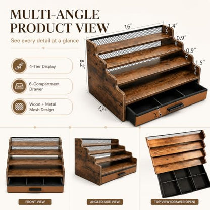 Brown Wooden 4-Tier Cologne Organizer Stand with Drawer - Square